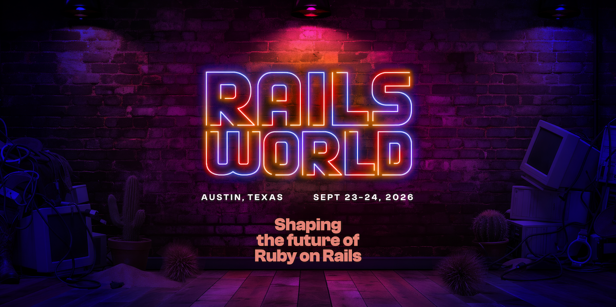Neon Rails World logo against a brick wall
